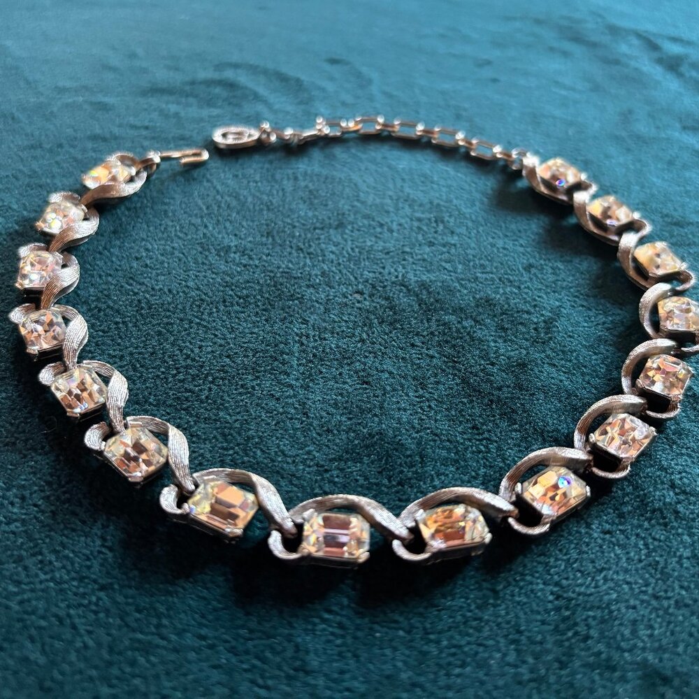 Art Deco Vintage Silver Crystal Necklace - Collar 16"